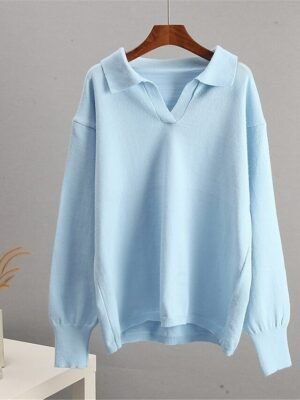 Casual Regular Pure Colour Ribbed Shirt Collar Long Sleeve Sweater - Image 4