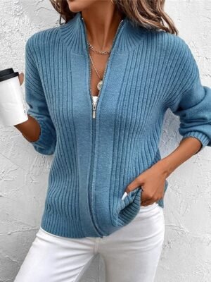 Casual Regular Pure Colour Ribbed Stand Collar Zipper Long Sleeve Knit Cardigan - Image 1