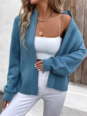 Casual Regular Pure Colour Ribbed Stand Collar Zipper Long Sleeve Knit Cardigan - Image 5