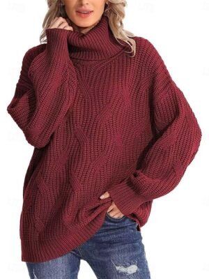 Casual Regular Pure Colour Ribbed Turtleneck Long Sleeve Pullover - Image 1