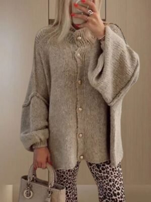 Casual Regular Pure Colour Ribbed Turtleneck Long Sleeve Knitted Cardigan - Image 1
