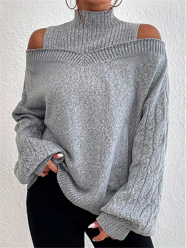 Casual Regular Pure Colour Ribbed Turtleneck Cold Shoulder Long Sleeve Sweater - Image 1