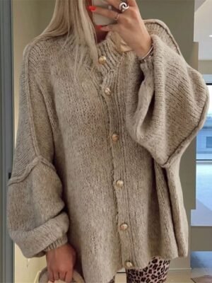 Casual Regular Pure Colour Ribbed Turtleneck Long Sleeve Knitted Cardigan - Image 2