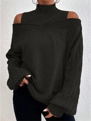 Casual Regular Pure Colour Ribbed Turtleneck Cold Shoulder Long Sleeve Sweater - Image 2