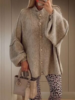 Casual Regular Pure Colour Ribbed Turtleneck Long Sleeve Knitted Cardigan - Image 3