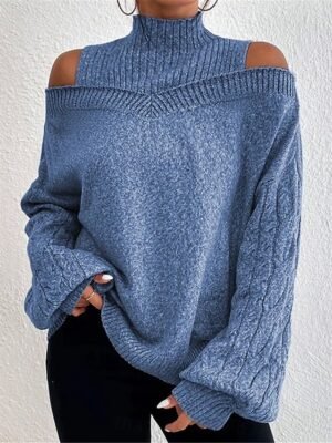 Casual Regular Pure Colour Ribbed Turtleneck Cold Shoulder Long Sleeve Sweater - Image 3