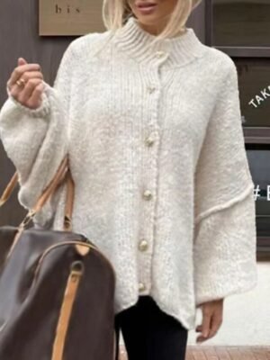 Casual Regular Pure Colour Ribbed Turtleneck Long Sleeve Knitted Cardigan - Image 6
