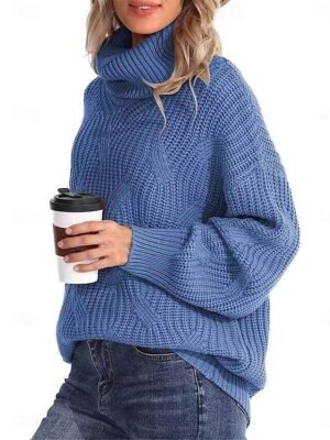 Casual Regular Pure Colour Ribbed Turtleneck Long Sleeve Pullover - Image 7