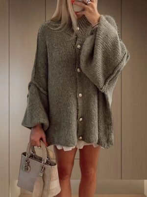 Casual Regular Pure Colour Ribbed Turtleneck Long Sleeve Knitted Cardigan - Image 7