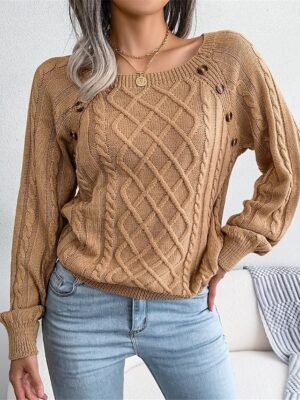 Casual Regular Pure Colour Square Neck Long Sleeve Knitted Pullover - Image 1