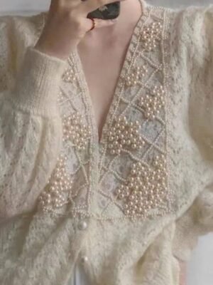 Casual Regular Pure Colour V Neck Lace Beaded Long Sleeve Sweater Cardigan - Image 1