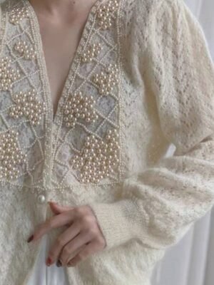 Casual Regular Pure Colour V Neck Lace Beaded Long Sleeve Sweater Cardigan - Image 2
