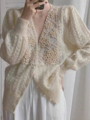 Casual Regular Pure Colour V Neck Lace Beaded Long Sleeve Sweater Cardigan - Image 4