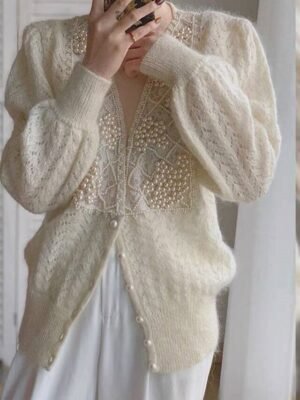 Casual Regular Pure Colour V Neck Lace Beaded Long Sleeve Sweater Cardigan - Image 5