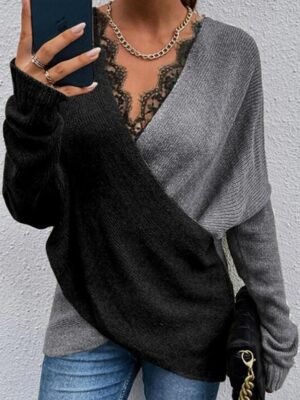 Casual Regular Pure Colour V Neck Lace Long Sleeve Knit Top - Image 1