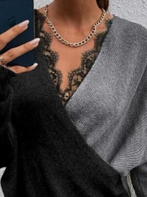 Casual Regular Pure Colour V Neck Lace Long Sleeve Knit Top - Image 2