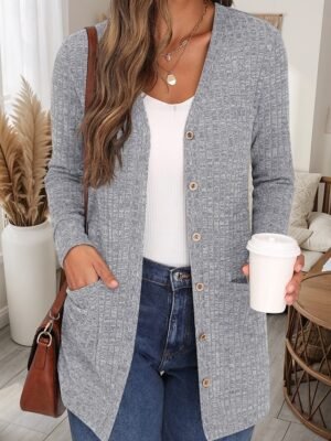 Casual Regular Pure Colour V Neck Long Sleeve Knit Cardigan - Image 1