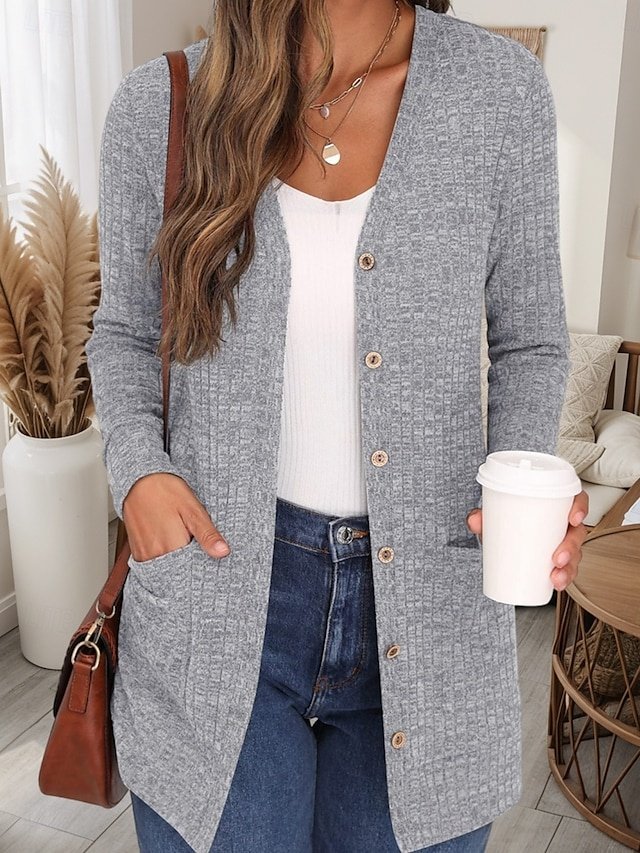 Casual Regular Pure Colour V Neck Long Sleeve Knit Cardigan - Image 1