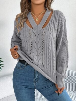 Casual Regular Pure Colour V Neck Long Sleeve Knit Top - Image 1