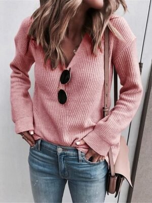 Casual Regular Pure Colour V Neck Long Sleeve Sweater - Image 1