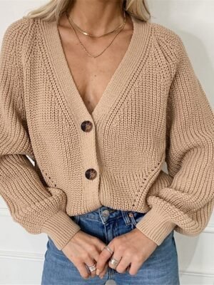 Casual Regular Pure Colour V Neck Long Sleeve Cardigan - Image 1
