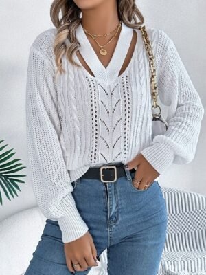 Casual Regular Pure Colour V Neck Long Sleeve Knit Top - Image 11