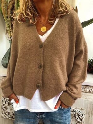 Casual Regular Pure Colour V Neck Long Sleeve Knit Cardigan - Image 2