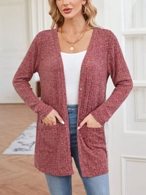 Casual Regular Pure Colour V Neck Long Sleeve Knit Cardigan - Image 2
