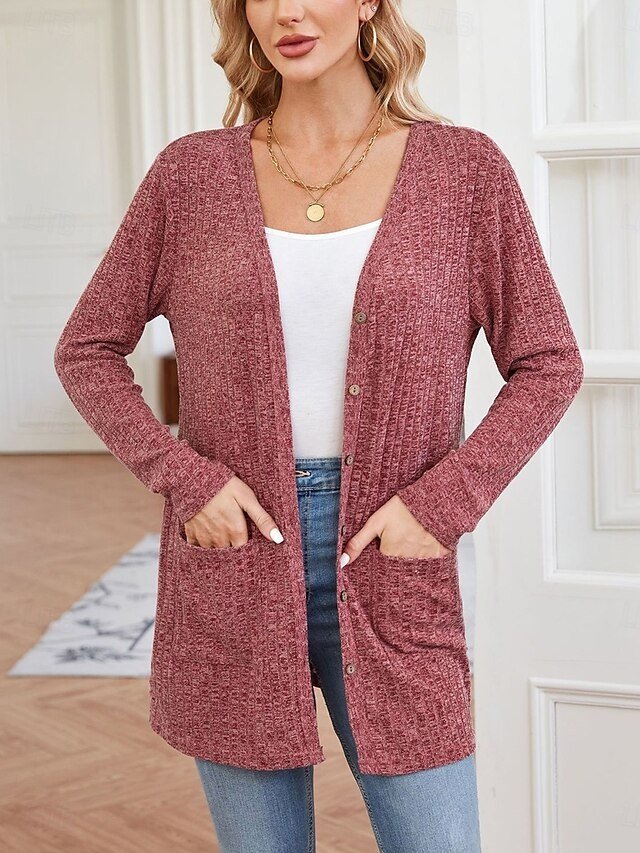 Casual Regular Pure Colour V Neck Long Sleeve Knit Cardigan - Image 2