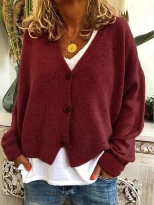 Casual Regular Pure Colour V Neck Long Sleeve Knit Cardigan - Image 3