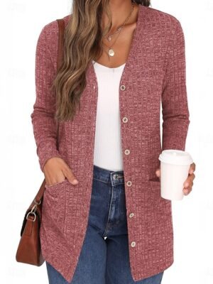 Casual Regular Pure Colour V Neck Long Sleeve Knit Cardigan - Image 3
