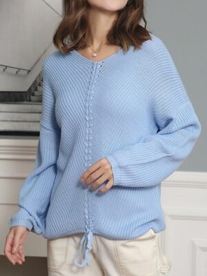 Casual Regular Pure Colour V Neck Long Sleeve Knit Top - Image 3