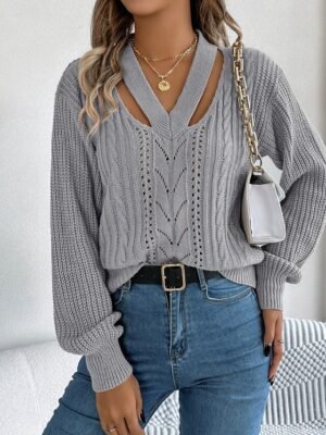 Casual Regular Pure Colour V Neck Long Sleeve Knit Top - Image 3