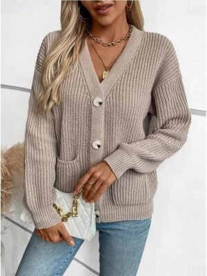 Casual Regular Pure Colour V Neck Long Sleeve Knit Top - Image 3