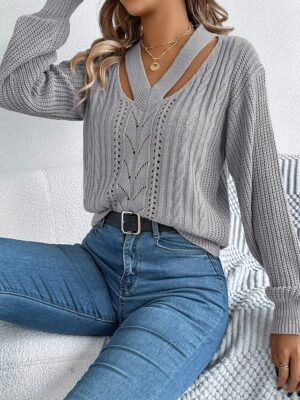 Casual Regular Pure Colour V Neck Long Sleeve Knit Top - Image 4