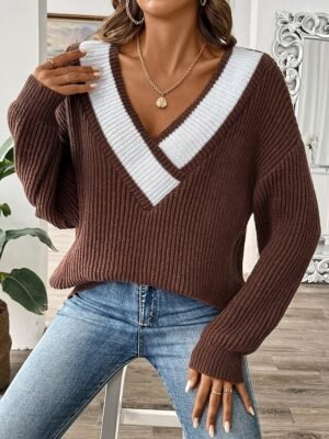 Casual Regular Pure Colour V Neck Long Sleeve Sweater - Image 5
