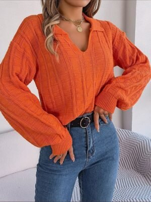 Casual Regular Pure Colour V Neck Long Sleeve Sweater - Image 5