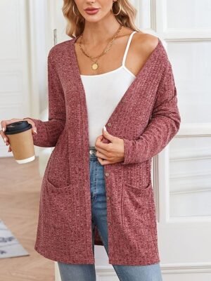 Casual Regular Pure Colour V Neck Long Sleeve Knit Cardigan - Image 5