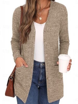 Casual Regular Pure Colour V Neck Long Sleeve Knit Cardigan - Image 6