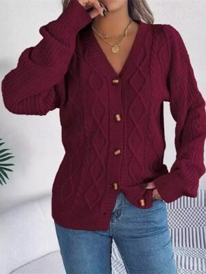 Casual Regular Pure Colour V Neck Long Sleeve Cardigan - Image 7