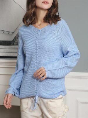 Casual Regular Pure Colour V Neck Long Sleeve Knit Jumper - Image 8
