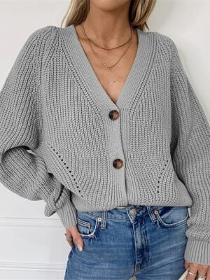 Casual Regular Pure Colour V Neck Long Sleeve Cardigan - Image 9