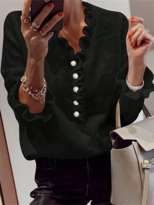 Casual Regular Pure Colour V Neck Ruffle Long Sleeve Knit Top - Image 3