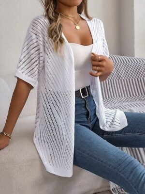Casual Regular Pure Open Front Short Sleeve Knit Cardigan - Image 1