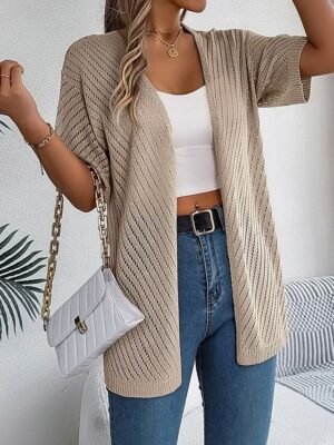 Casual Regular Pure Open Front Short Sleeve Knit Cardigan - Image 12