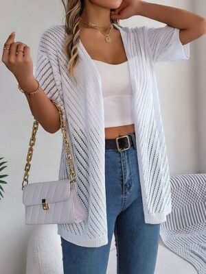 Casual Regular Pure Open Front Short Sleeve Knit Cardigan - Image 4
