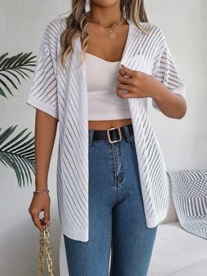 Casual Regular Pure Open Front Short Sleeve Knit Cardigan - Image 5