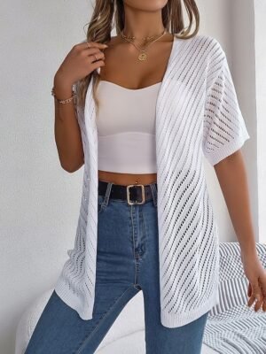 Casual Regular Pure Open Front Short Sleeve Knit Cardigan - Image 6