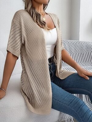 Casual Regular Pure Open Front Short Sleeve Knit Cardigan - Image 7