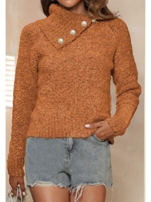 Casual Regular Pure Ribbed Shirt Collar Long Sleeve Knit Top - Image 3